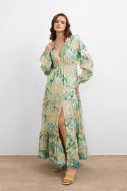 IBN-4002 Varaklı V Yaka Ithal Elbise Turkuaz