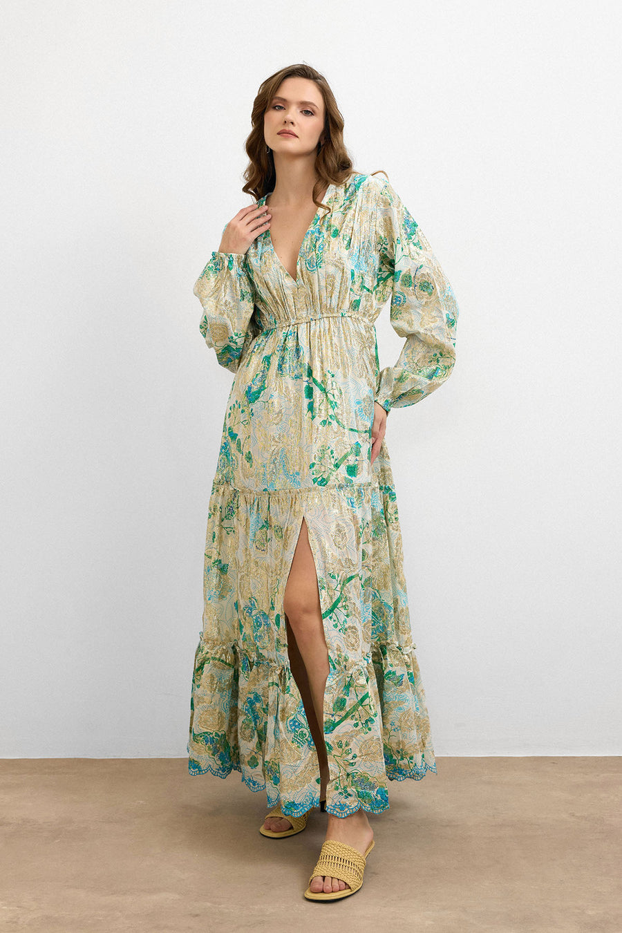 IBN-4002 Varaklı V Yaka Ithal Elbise Turkuaz