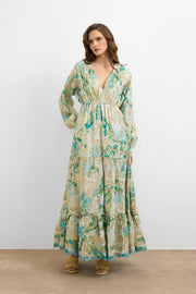 IBN-4002 Varaklı V Yaka Ithal Elbise Turkuaz