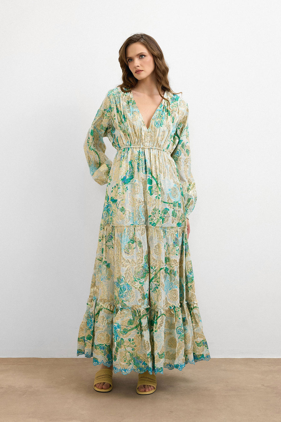 IBN-4002 Varaklı V Yaka Ithal Elbise Turkuaz