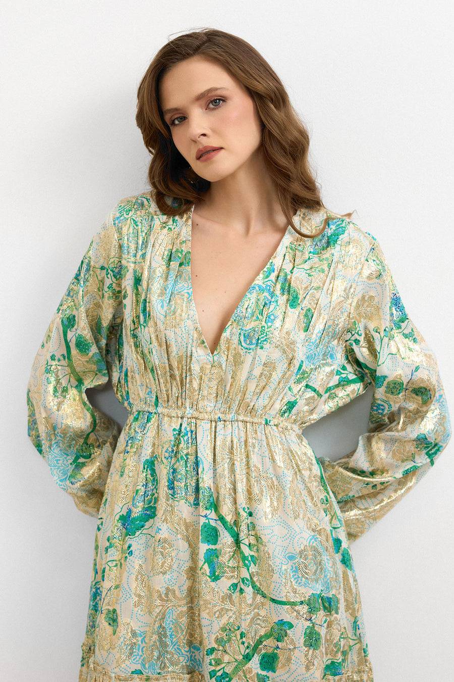 IBN-4002 Varaklı V Yaka Ithal Elbise Turkuaz