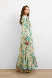 IBN-4002 Varaklı V Yaka Ithal Elbise Turkuaz