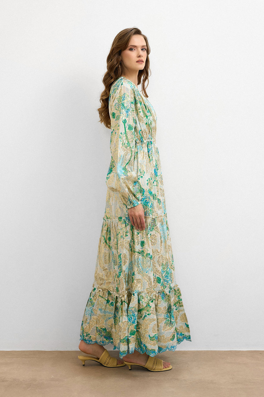 IBN-4002 Varaklı V Yaka Ithal Elbise Turkuaz