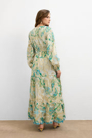 IBN-4002 Varaklı V Yaka Ithal Elbise Turkuaz