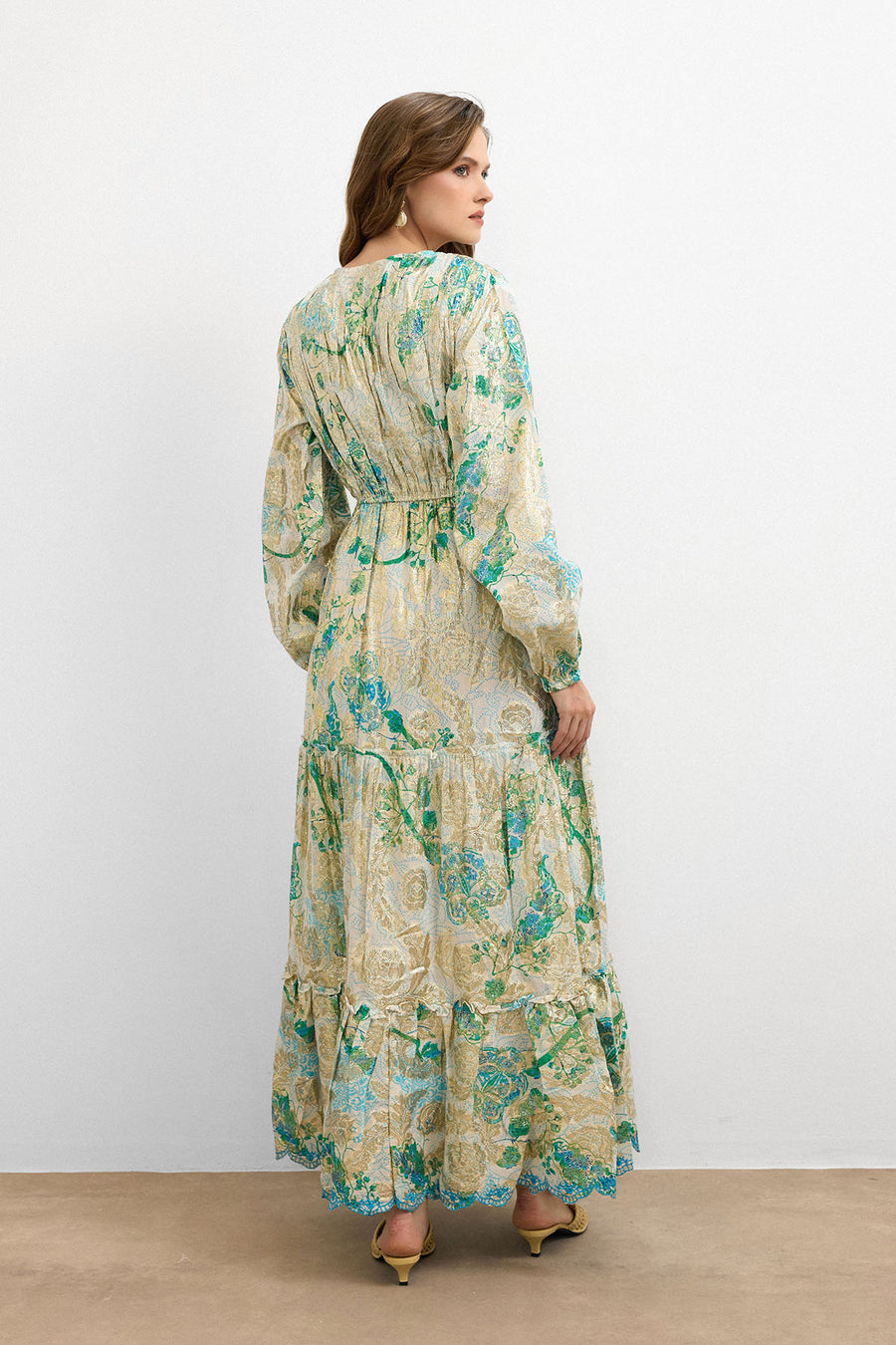 IBN-4002 Varaklı V Yaka Ithal Elbise Turkuaz