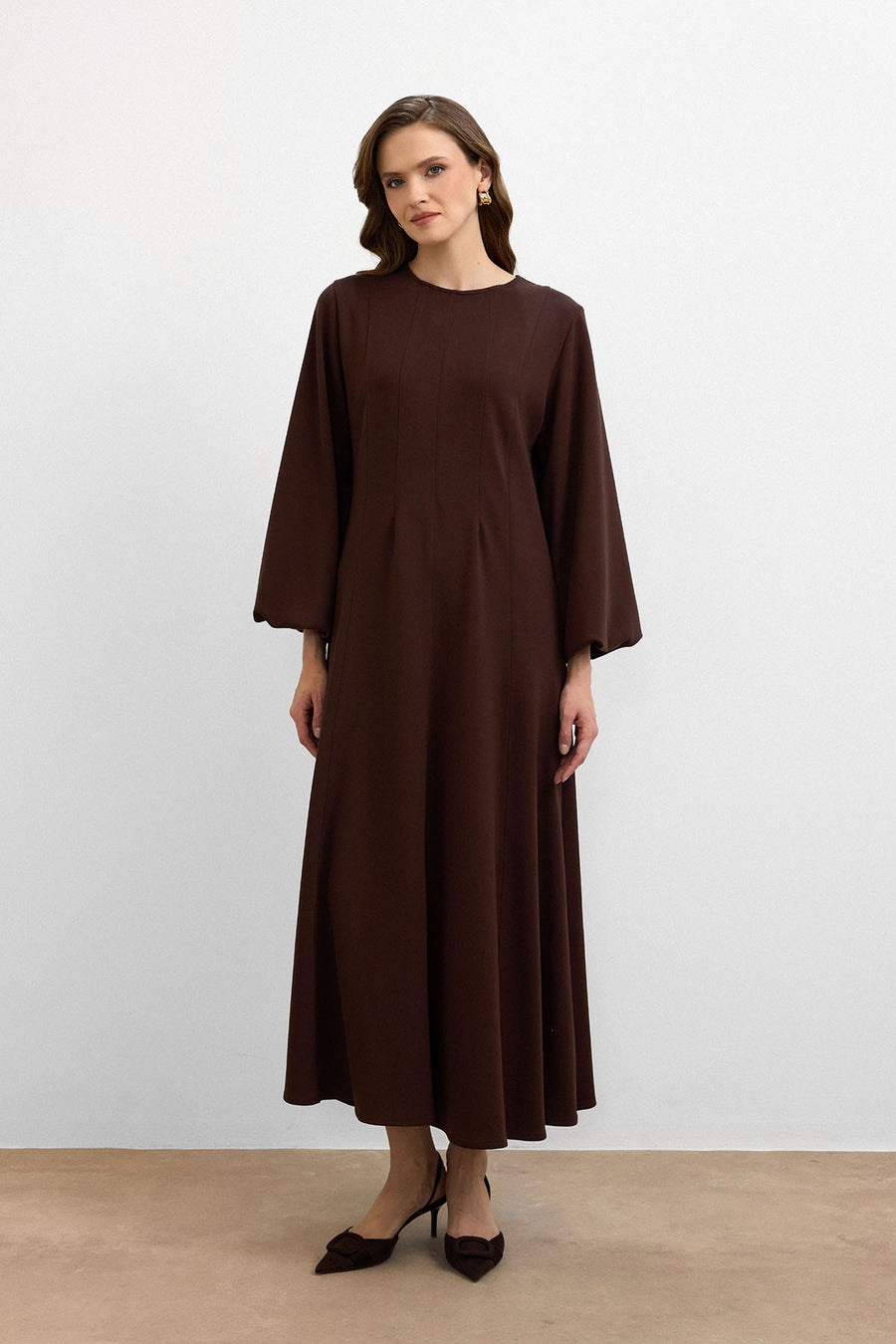 Balon Kol Britli Elbise Kahve