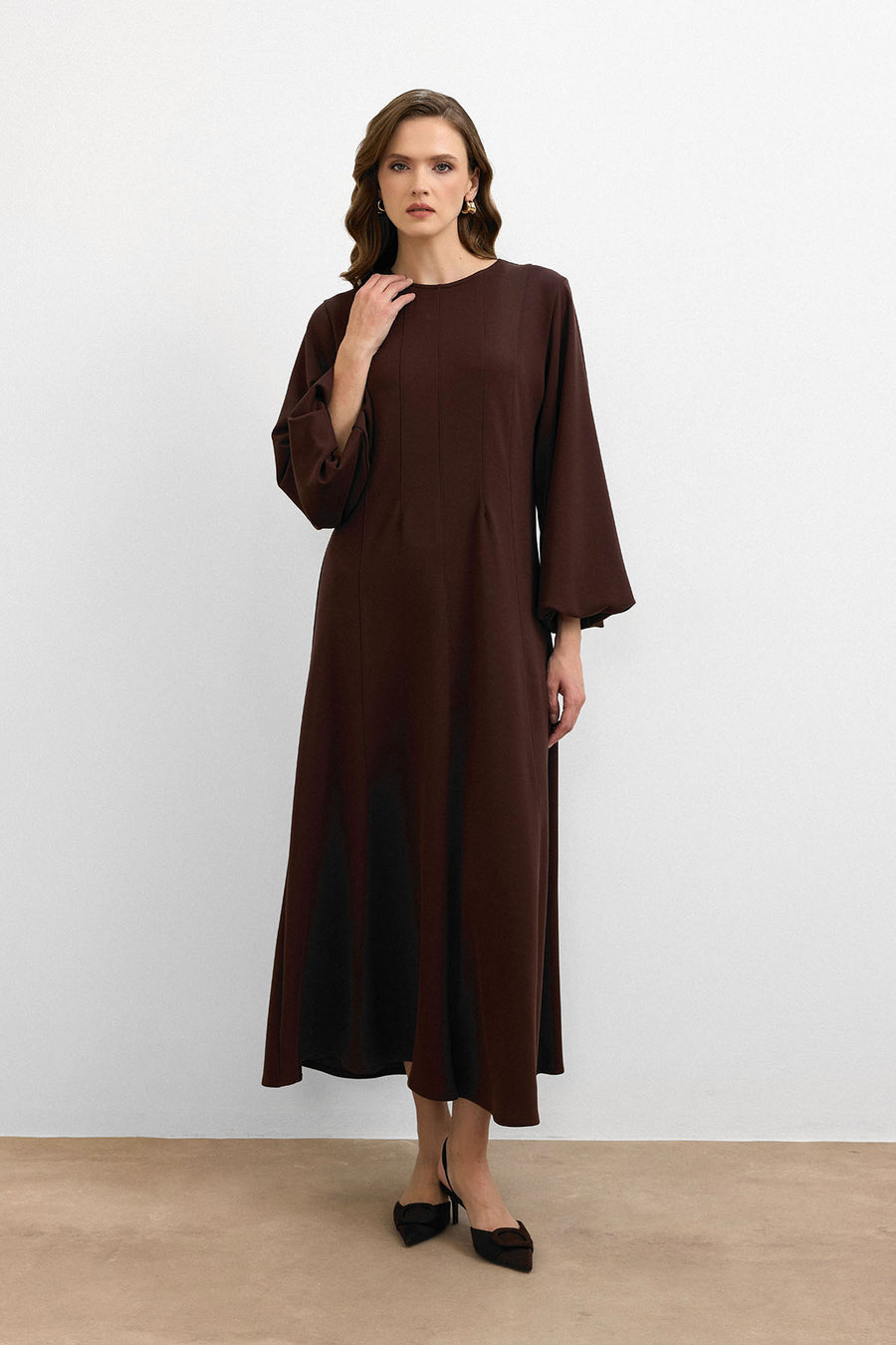 Balon Kol Britli Elbise Kahve