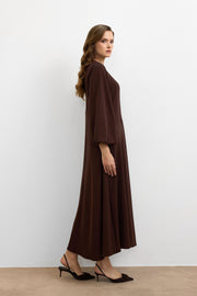 Balon Kol Britli Elbise Kahve