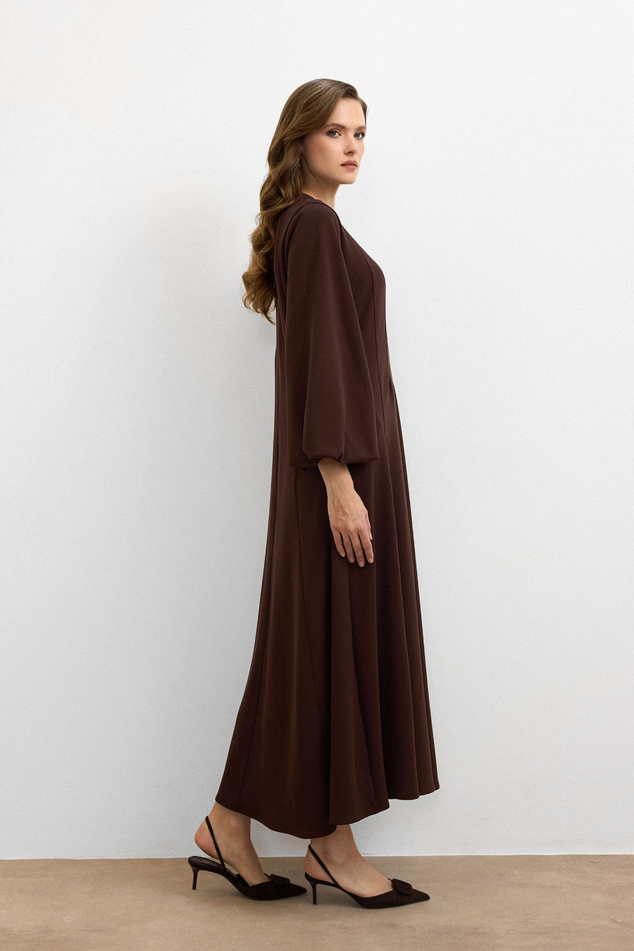 Balon Kol Britli Elbise Kahve