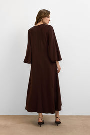 Balon Kol Britli Elbise Kahve