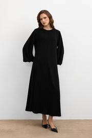 Balon Kol Britli Elbise Siyah