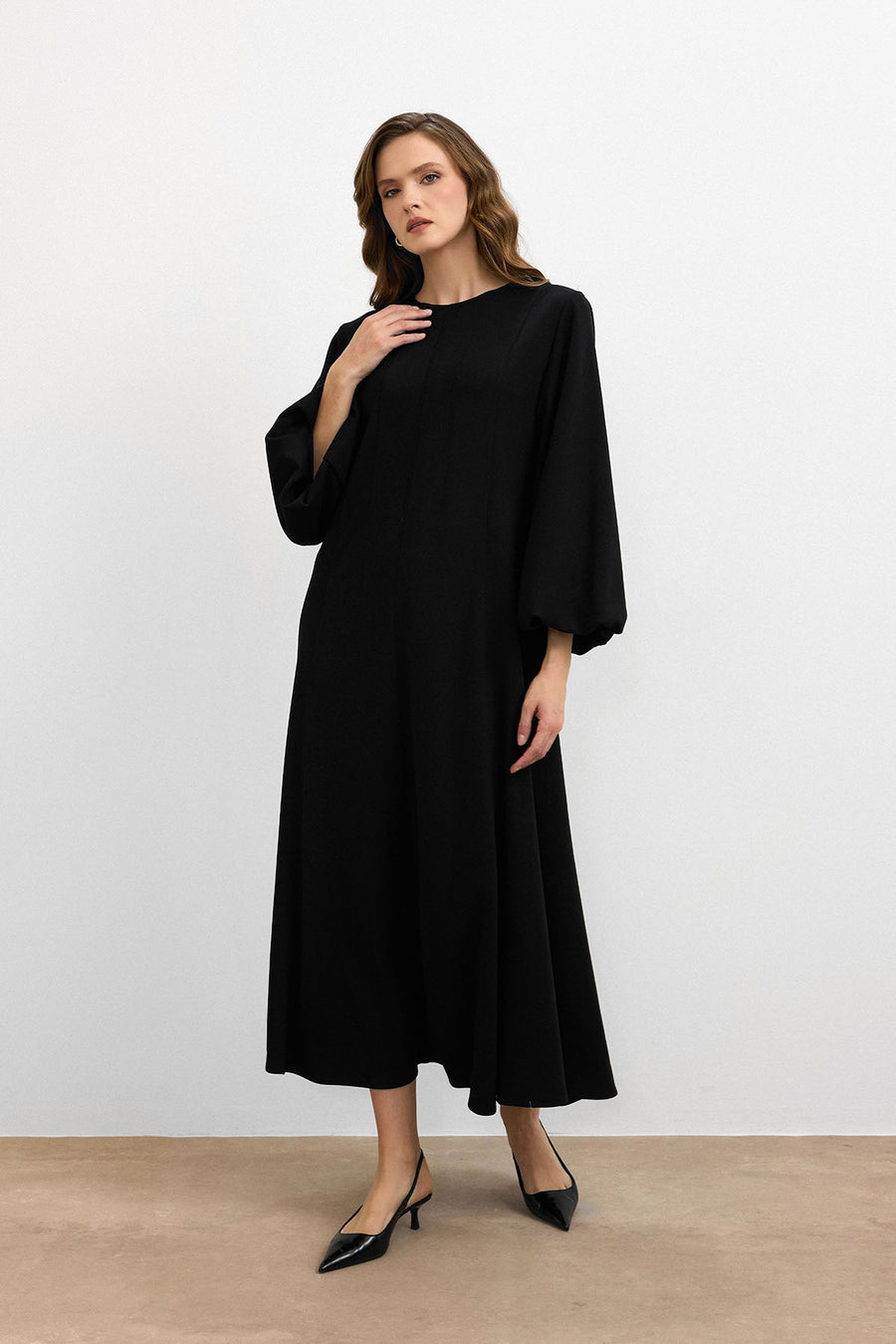 Balon Kol Britli Elbise Siyah