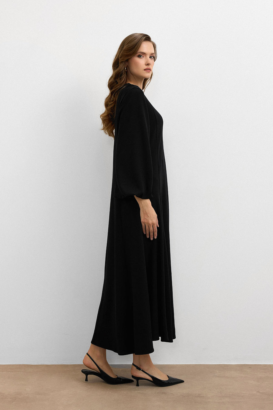 Balon Kol Britli Elbise Siyah