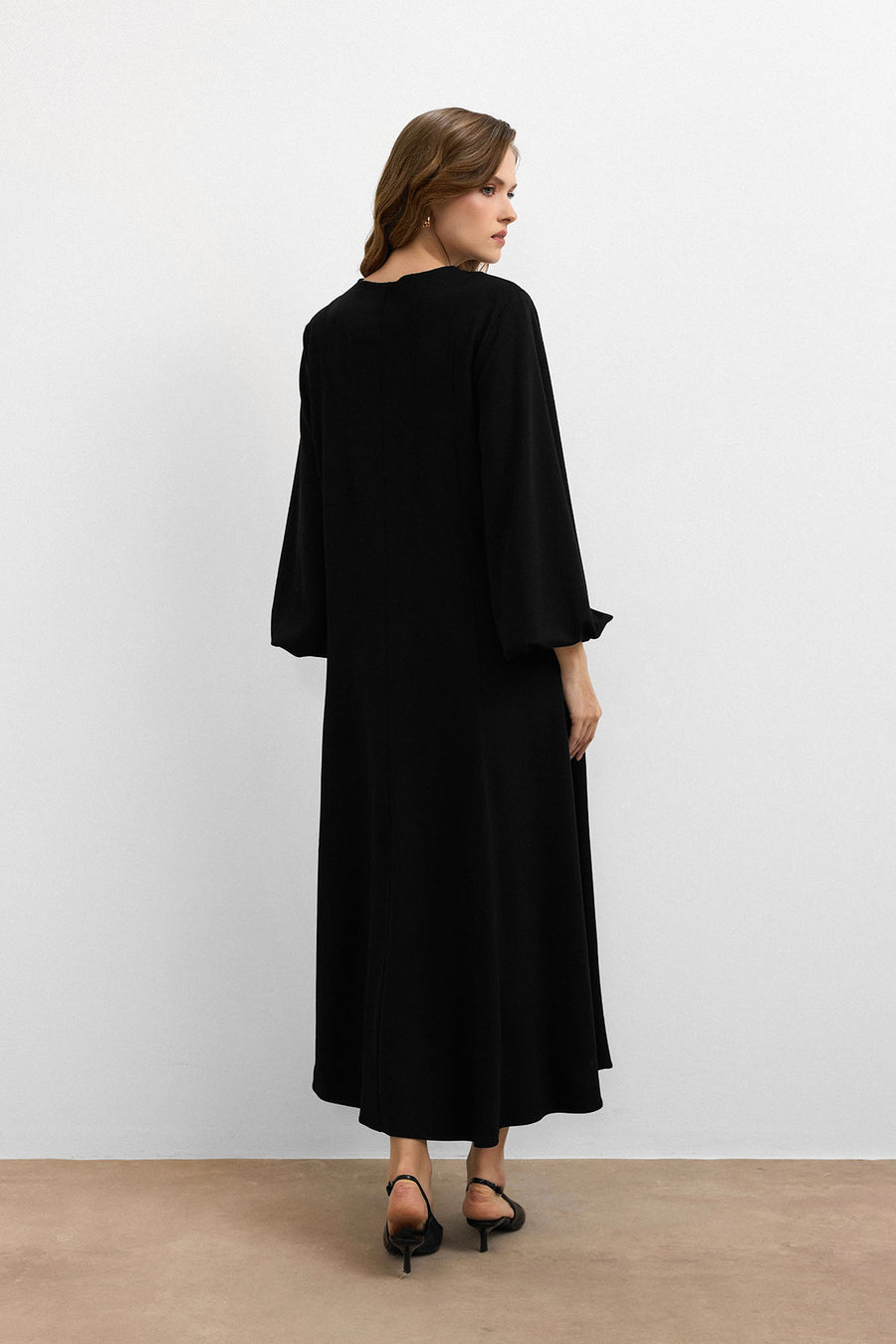 Balon Kol Britli Elbise Siyah