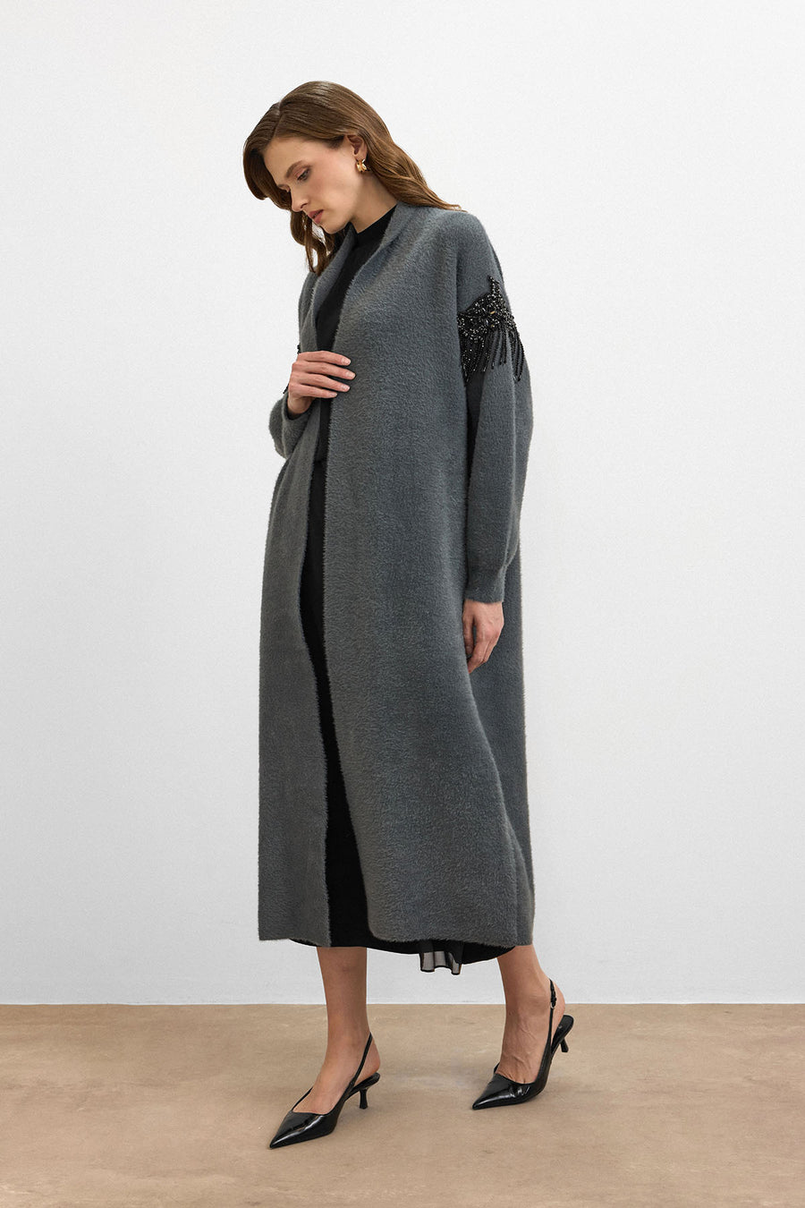 Omuz Taş İşlemeli Uzun Hırka Antrasit