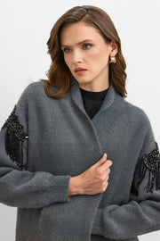 Omuz Taş İşlemeli Uzun Hırka Antrasit