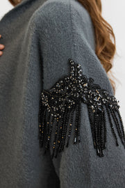 Omuz Taş İşlemeli Uzun Hırka Antrasit