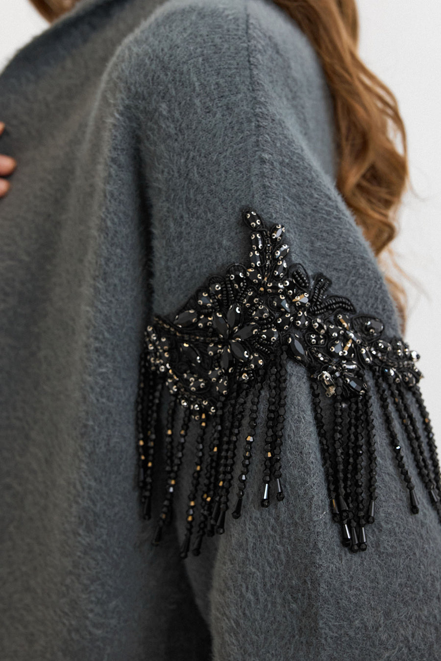 Omuz Taş İşlemeli Uzun Hırka Antrasit