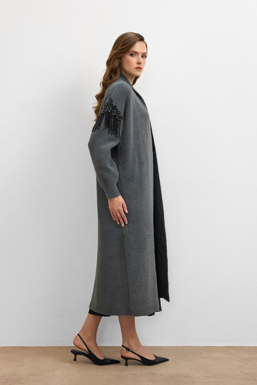 Omuz Taş İşlemeli Uzun Hırka Antrasit