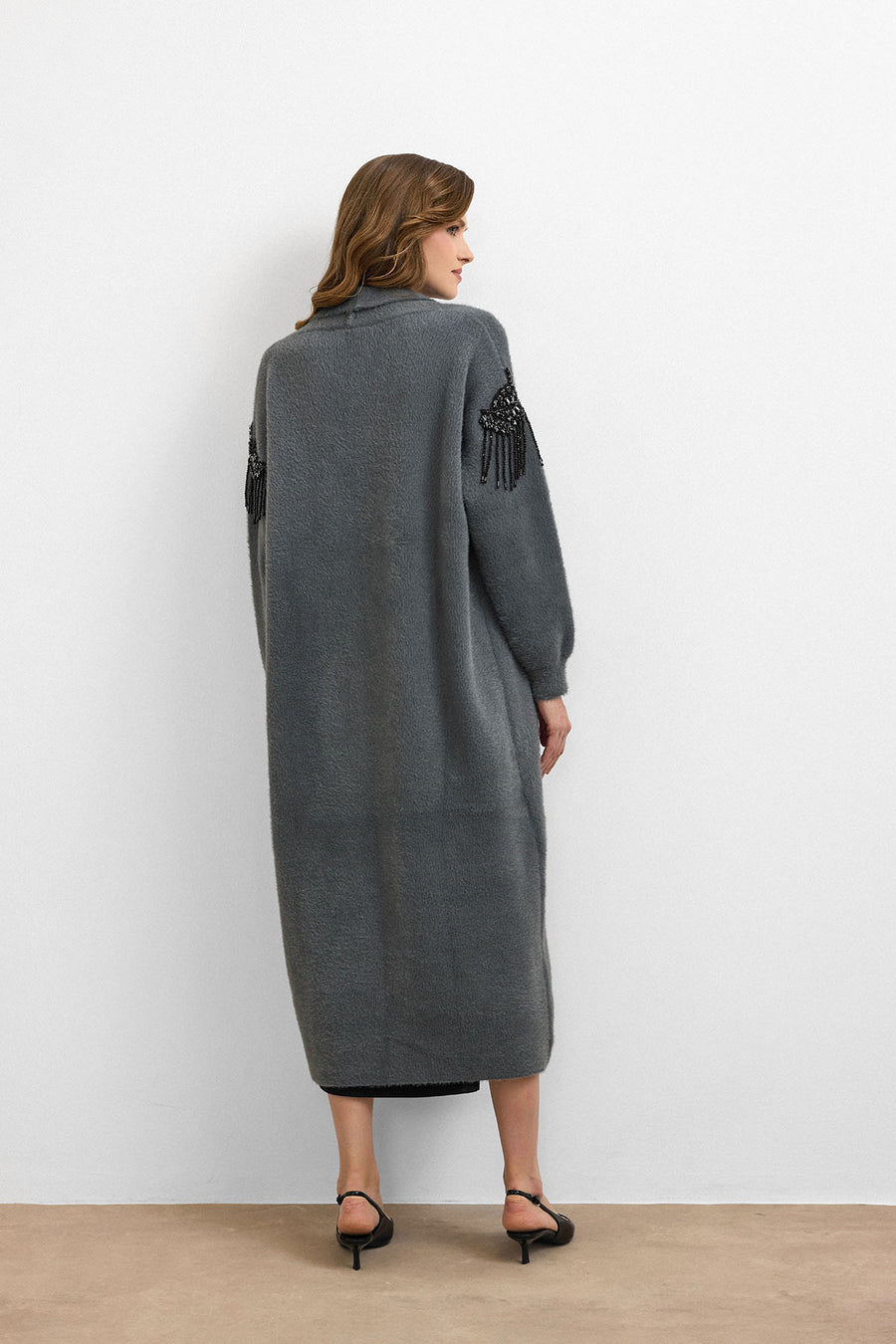 Omuz Taş İşlemeli Uzun Hırka Antrasit