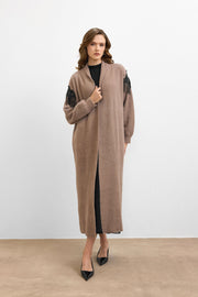 Omuz Taş İşlemeli Uzun Hırka Vizon