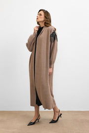 Omuz Taş İşlemeli Uzun Hırka Vizon