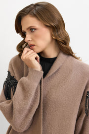 Omuz Taş İşlemeli Uzun Hırka Vizon