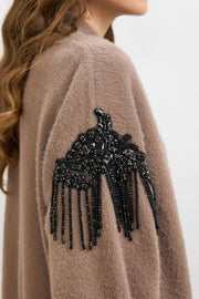 Omuz Taş İşlemeli Uzun Hırka Vizon