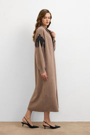 Omuz Taş İşlemeli Uzun Hırka Vizon