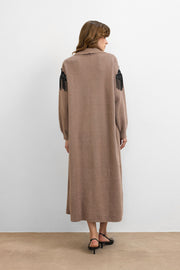 Omuz Taş İşlemeli Uzun Hırka Vizon