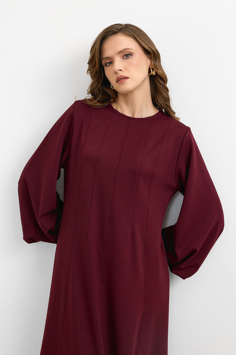 Balon Kol Britli Elbise Bordo