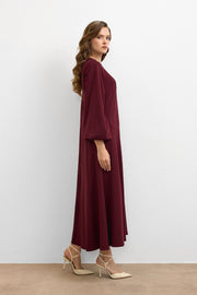 Balon Kol Britli Elbise Bordo