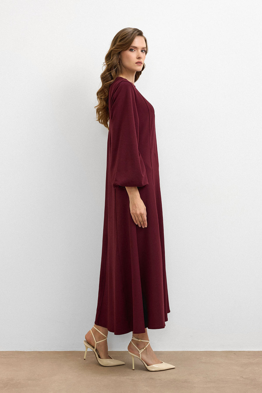 Balon Kol Britli Elbise Bordo