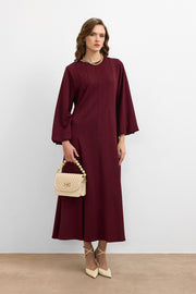 Balon Kol Britli Elbise Bordo