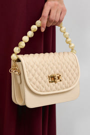 Wanda İnci Taneli Saplı Kapitone Kadın Çantası Krem