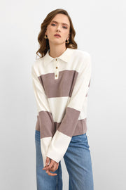 Blok Çizgili Triko Kazak Krem – Vizon