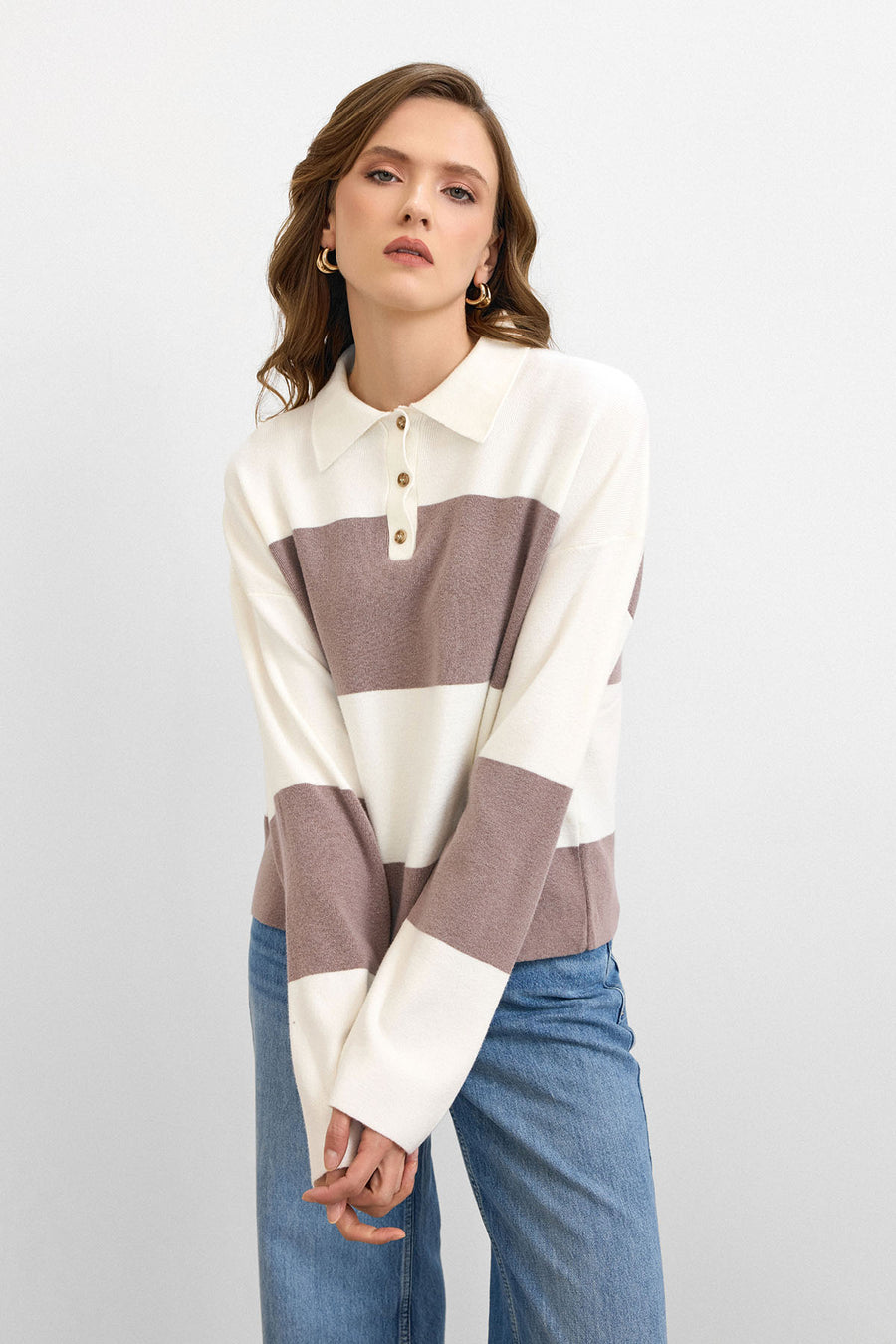 Blok Çizgili Triko Kazak Krem – Vizon