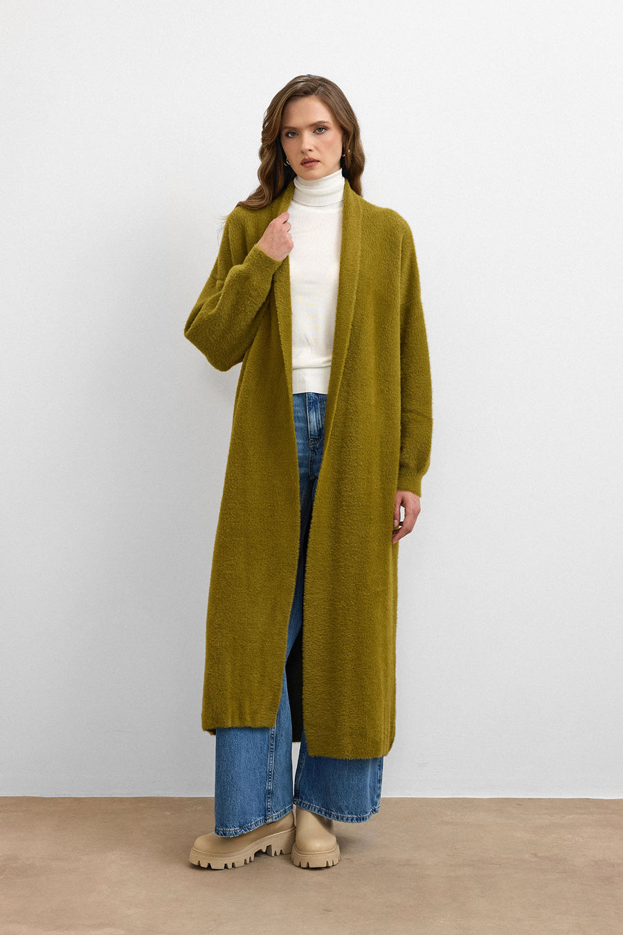 Sakal İplik Model Uzun Hırka Yağ Yeşili