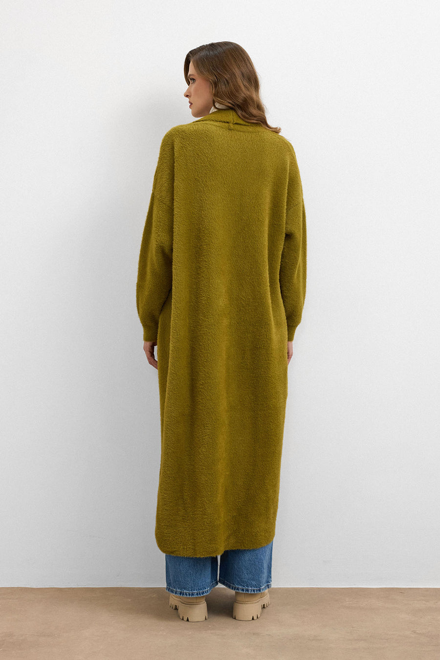 Sakal İplik Model Uzun Hırka Yağ Yeşili