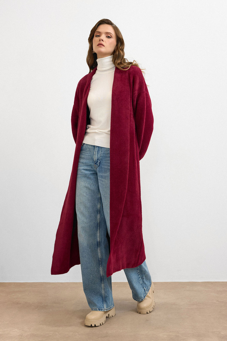 Sakal İplik Model Uzun Hırka - Bordo