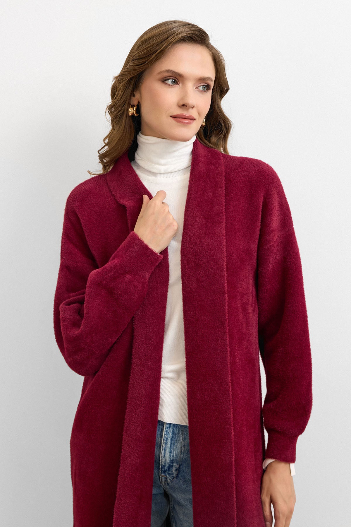 Sakal İplik Model Uzun Hırka - Bordo