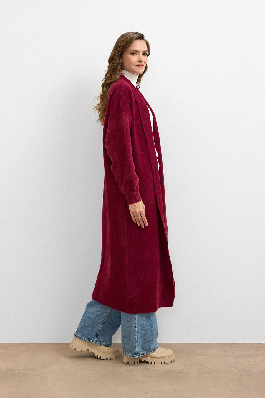 Sakal İplik Model Uzun Hırka - Bordo