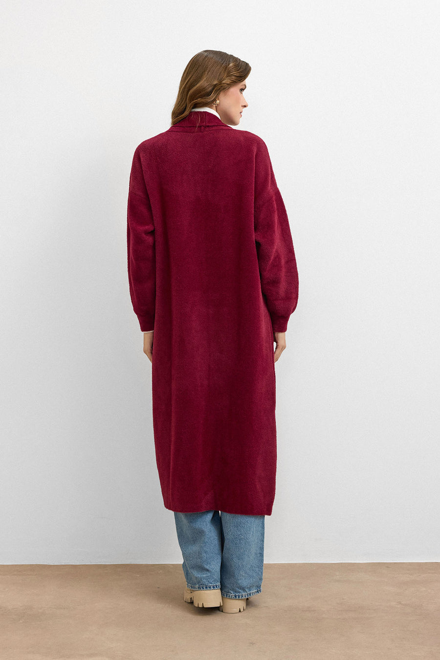 Sakal İplik Model Uzun Hırka - Bordo