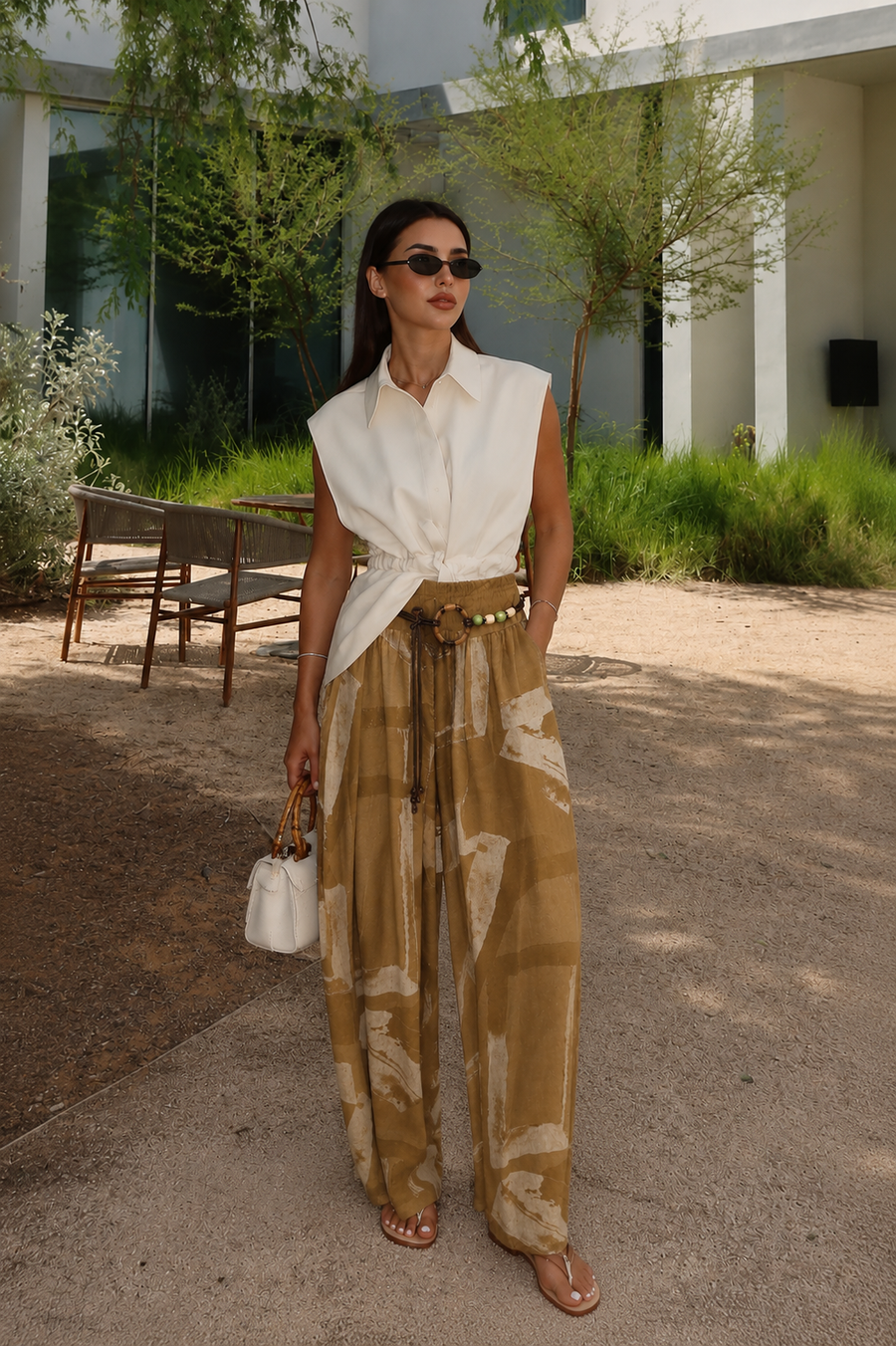 Ham Keten Desenli Pantolon Camel
