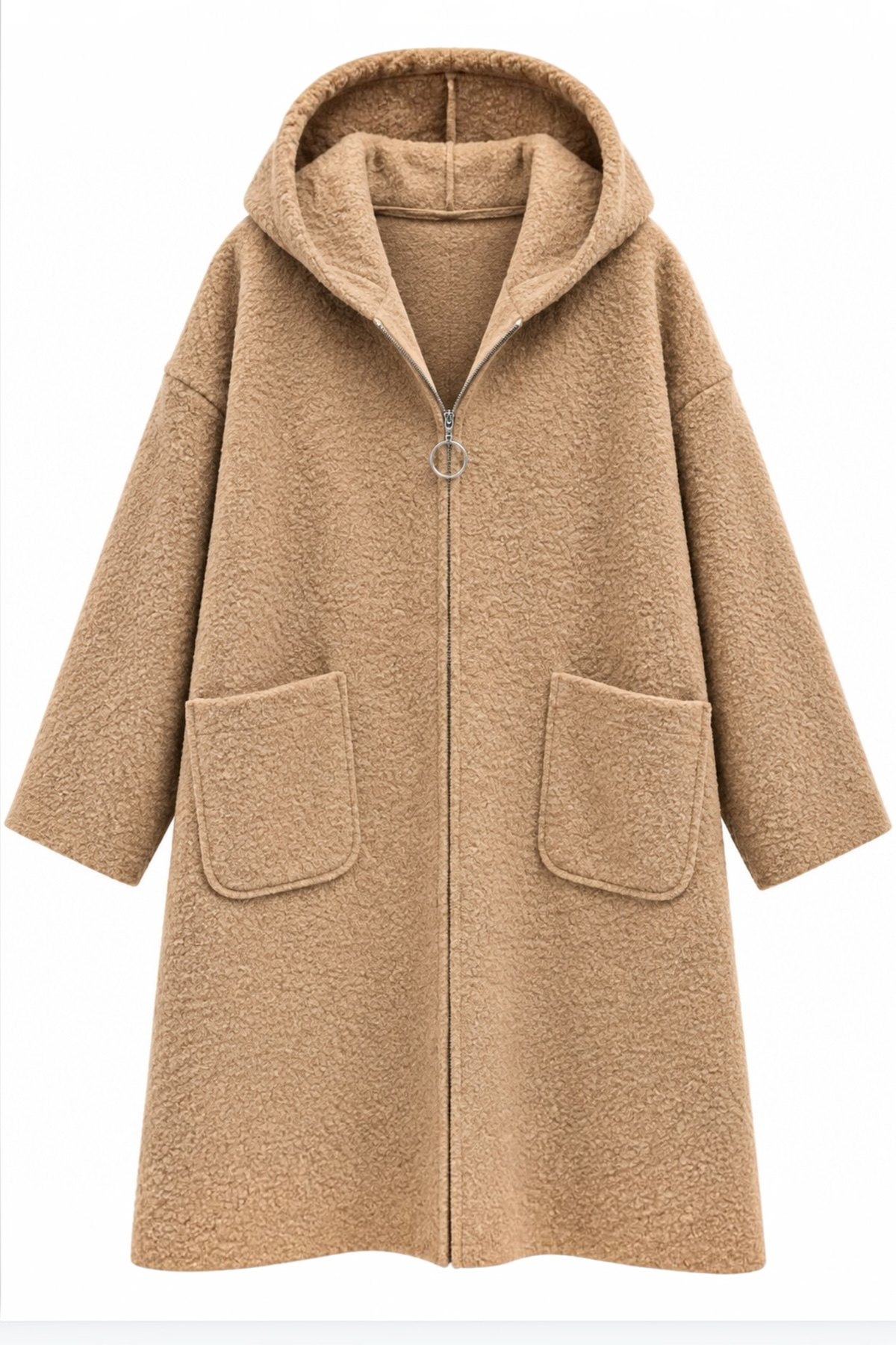 Önden Cepli Kapüşonlu Buklet Kaban | RS0095 Camel