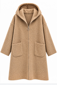 Önden Cepli Kapüşonlu Buklet Kaban | RS0095 Camel