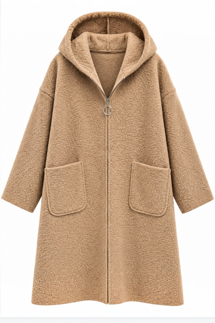 Önden Cepli Kapüşonlu Buklet Kaban | RS0095 Camel