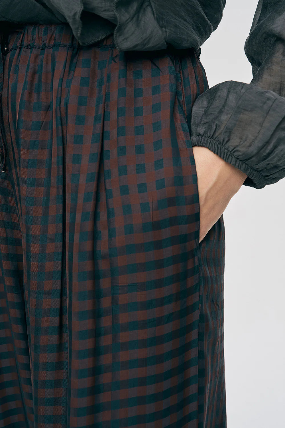 ORF-Beli ve Paçası Lastikli Ekose Desenli Şalvar Pantolon Bordo