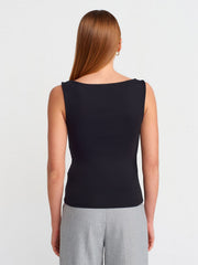 31589 Büzgülü Kayık Yaka Top-Siyah