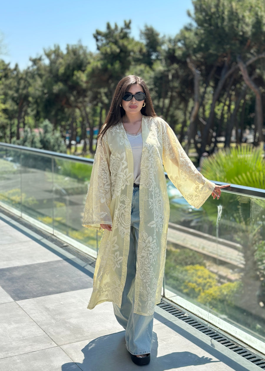 Whisper Dantel Çiçek Desenli Kuşaklı Kimono Sarı-RS0545